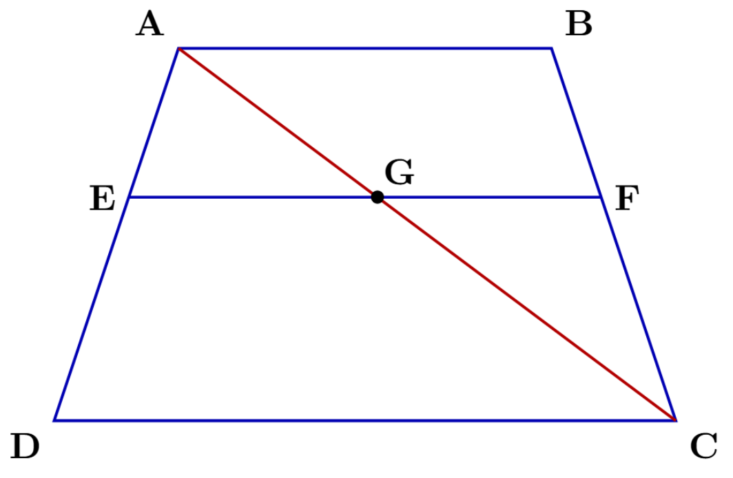 Trapezium ABCD with AB parallel to DC, and a line segment EF parallel to AB, where E is on AD and F is on BC. A diagonal AC is drawn intersecting EF at G.