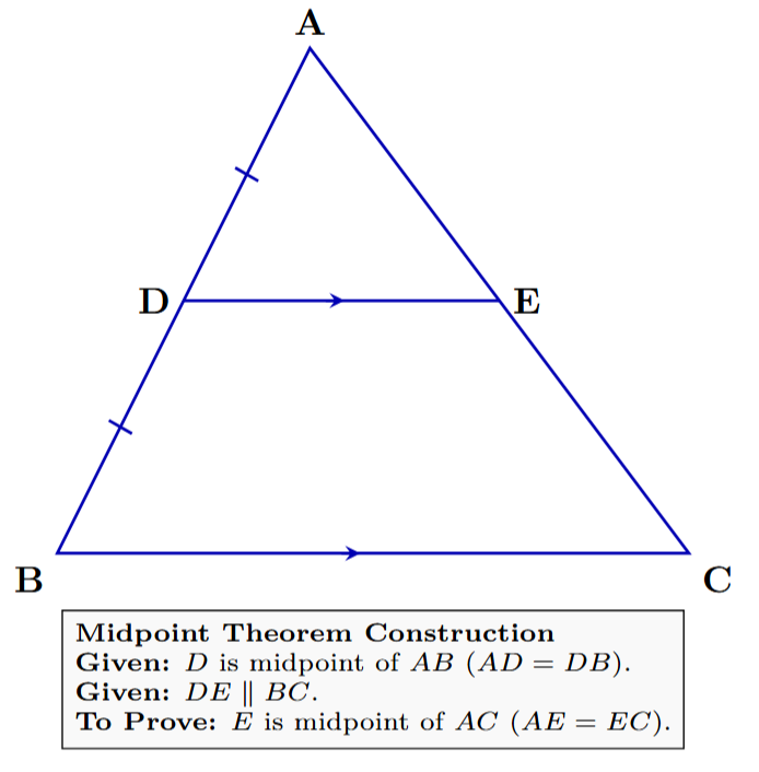 Triangle ABC with D as the midpoint of AB and a line segment DE parallel to BC intersecting AC at E.