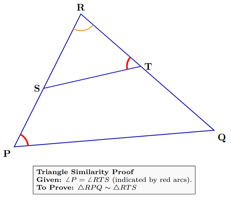 Diagram of triangle PQR with points S on PR and T on QR such that angle P equals angle RTS.