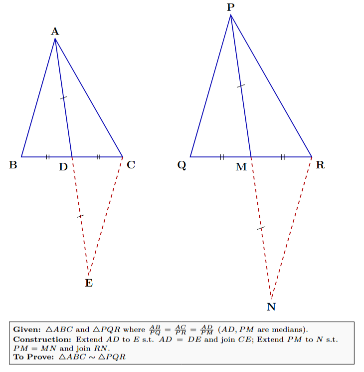 Diagram showing triangles ABC and PQR with medians AD and PM extended to E and N respectively, and lines CE and RN drawn.