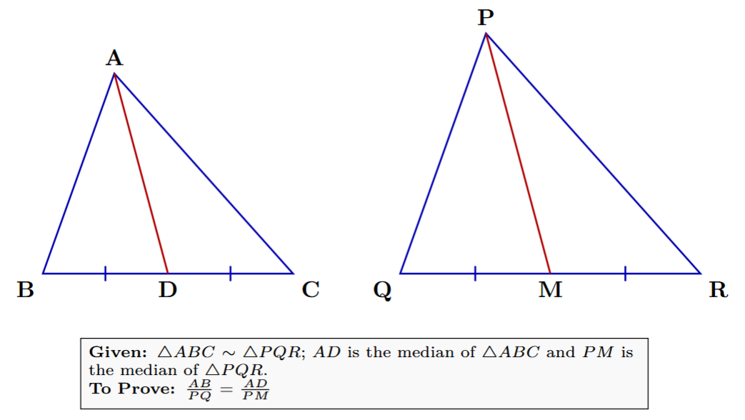 Diagram showing similar triangles ABC and PQR with medians AD and PM respectively.