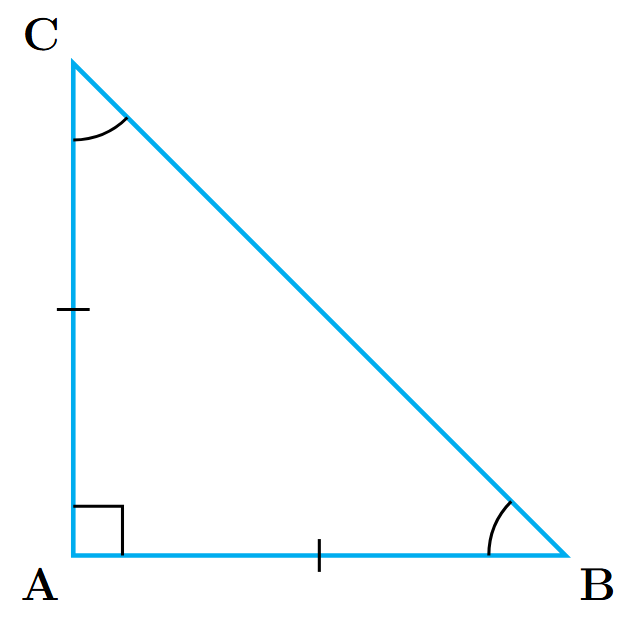 Figure showing a right-angled isosceles triangle ABC with angle A = 90 degrees and AB = AC