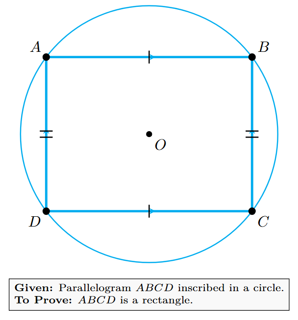 Diagram showing a cyclic parallelogram ABCD, which appears as a rectangle inscribed in a circle.