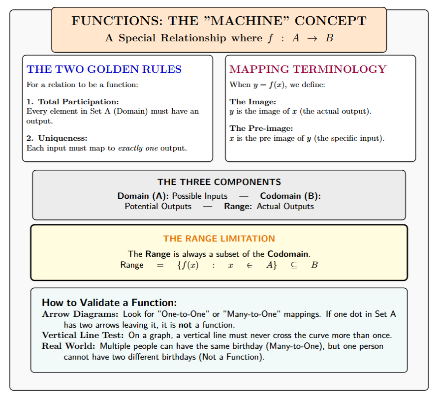 A mind map showing the definition of functions, types of relations, and the concepts of Domain, Codomain, and Range.
