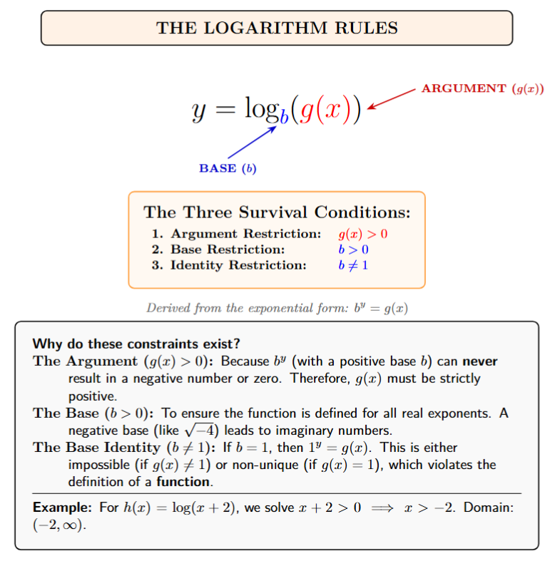 An infographic illustrating the three conditions for y = log_b(x): x > 0, b > 0, and b ≠ 1 with brief reasons for each.
