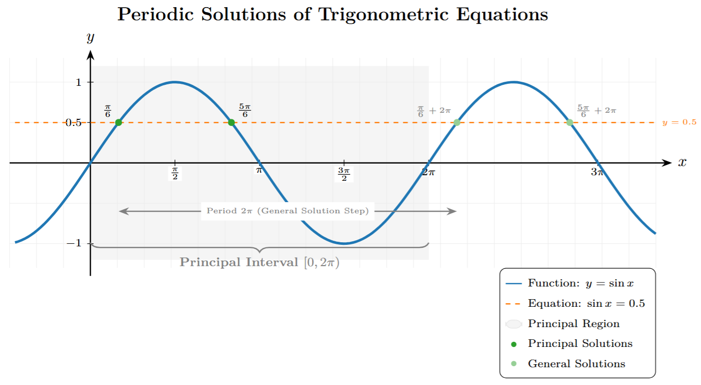A sine wave showing its periodic nature. The line y=0.5 intersects the sine wave at infinitely many points, illustrating the infinite solutions to sin(x)=0.5.