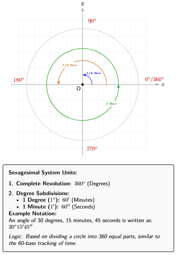 A circle in the Cartesian plane showing the measurement of angles in degrees. A full circle is 360 degrees, a straight line is 180 degrees, and a right angle is 90 degrees. The four quadrantal angles are marked.