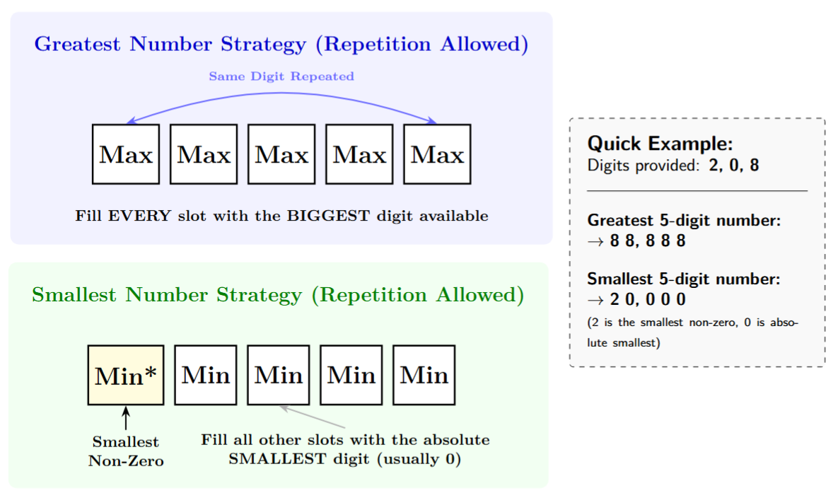 Forming Numbers with Repetition - for Greatest number fill all boxes with 'Biggest Digit' & for Smallest number fill first box with Smallest Non-Zero and all other boxes are 'Absolute Smallest'.