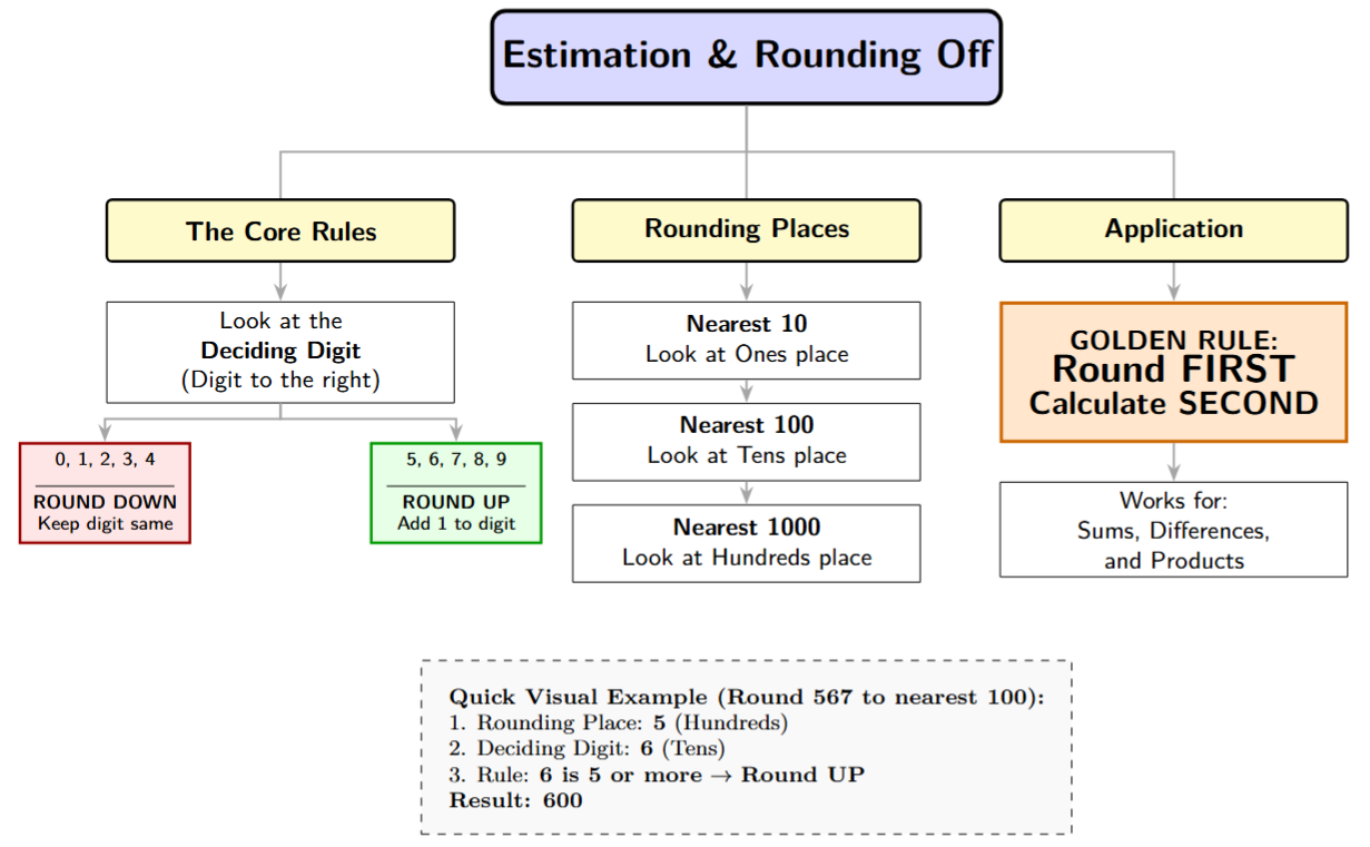 A mind map on Estimation and Rounding off. Branches: Rounding Rules (Up vs Down), Places (T, H, T) and Applications.