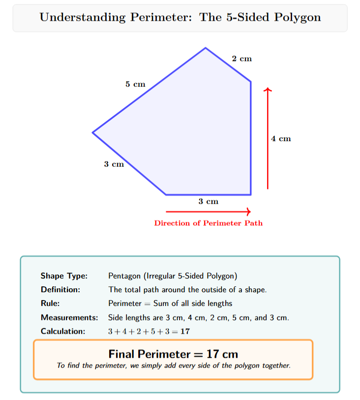 A character walking along the boundary of an irregular polygon with arrows showing the path. Caption: Perimeter is the total path around the outside.