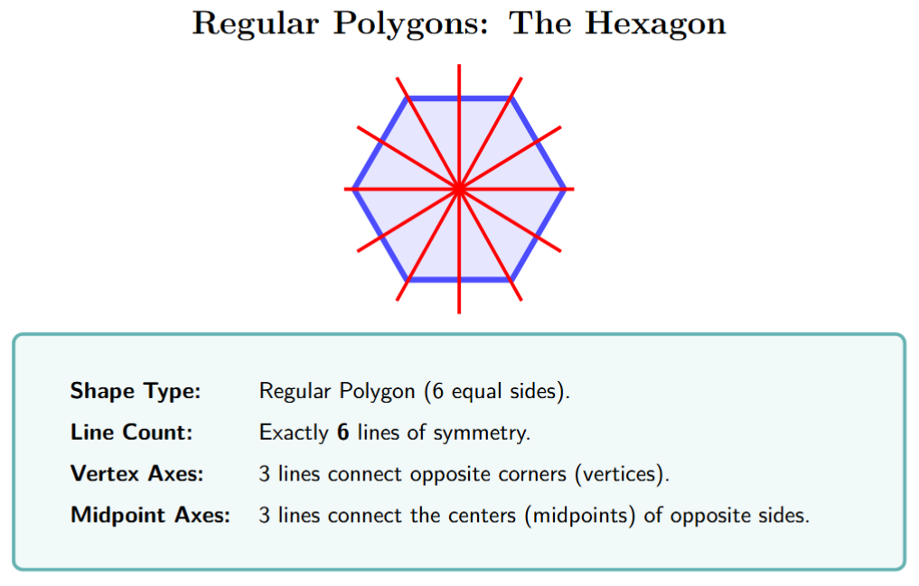 A regular hexagon showing its six lines of symmetry.
