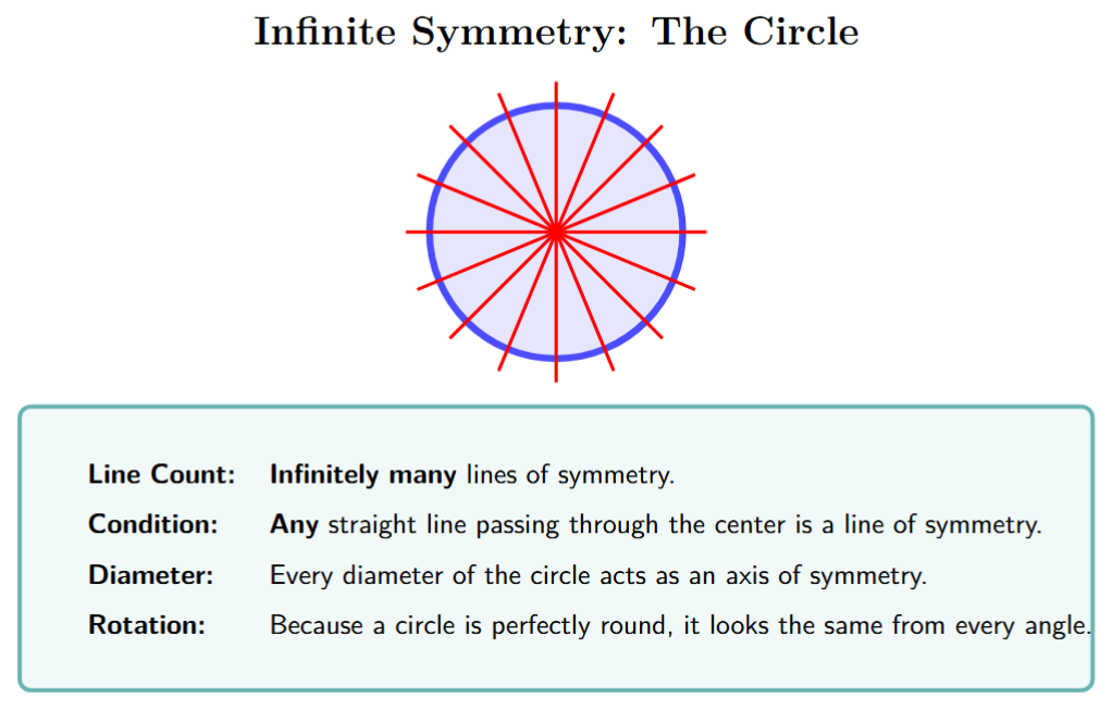 A circle with several lines of symmetry passing through its center, indicating there are infinite possibilities.
