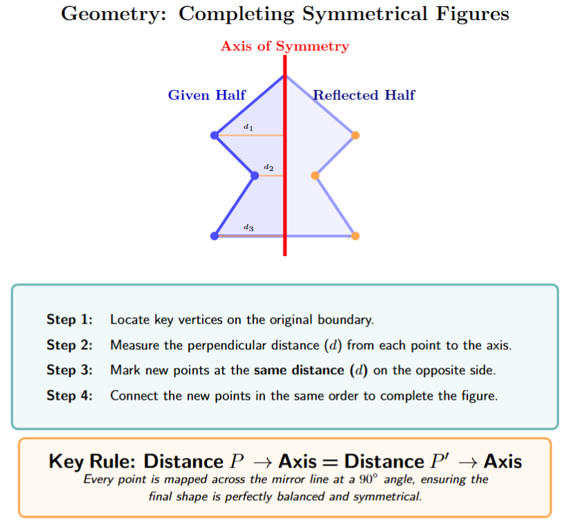 Half shape and line of symmetry, showing how to complete by reflection