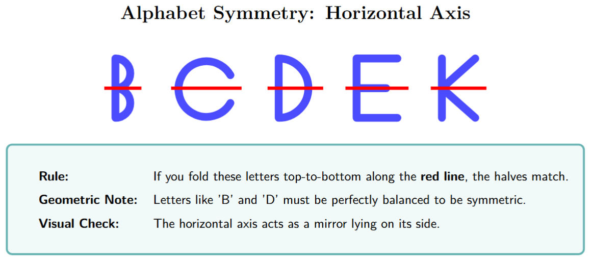 The letters B, C, D, E, K, each with a single horizontal line of symmetry shown.