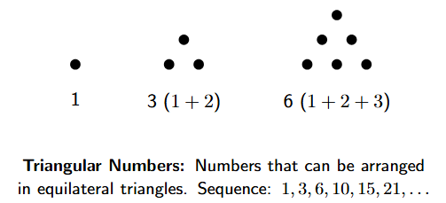 A sequence of dot patterns showing the first three triangular numbers: a single dot for 1, a triangle of 3 dots, and a triangle of 6 dots.