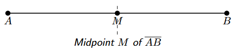 Line segment AB with M as its midpoint, showing that AM is equal to MB.