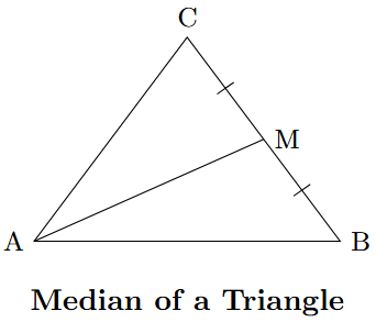 A triangle ABC with a line segment AM connecting vertex A to the midpoint M of the opposite side BC.