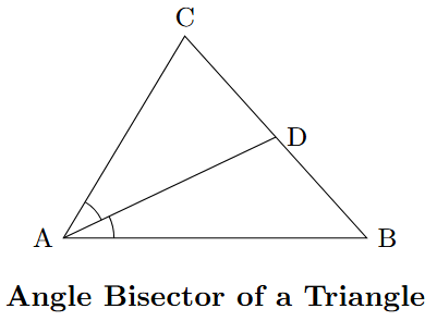 A triangle ABC with a line segment AD from vertex A to side BC, dividing angle BAC into two equal angles.