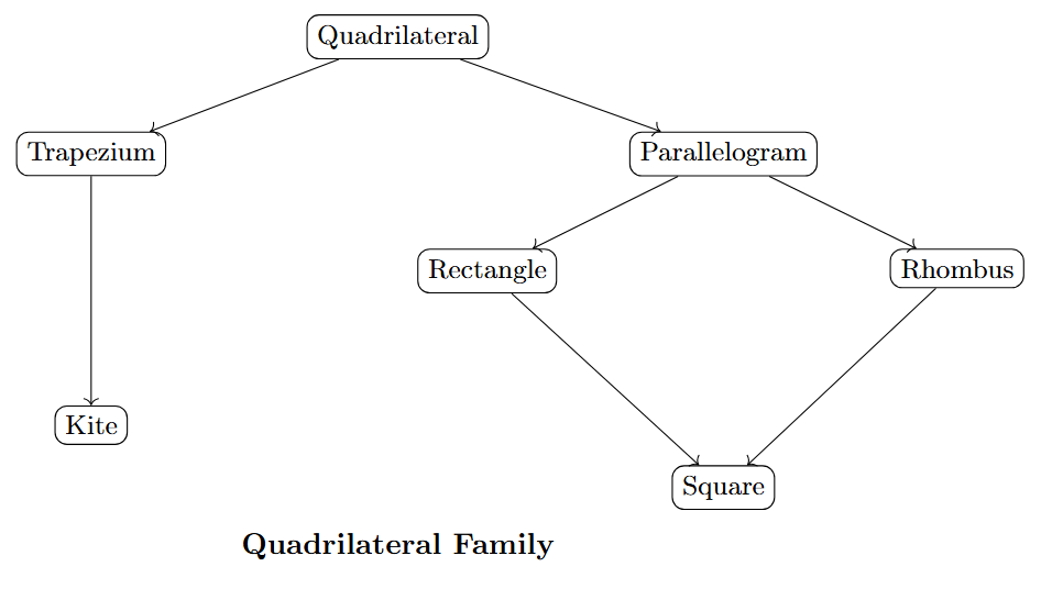 A family tree diagram showing the relationships between quadrilaterals, starting from the general quadrilateral.