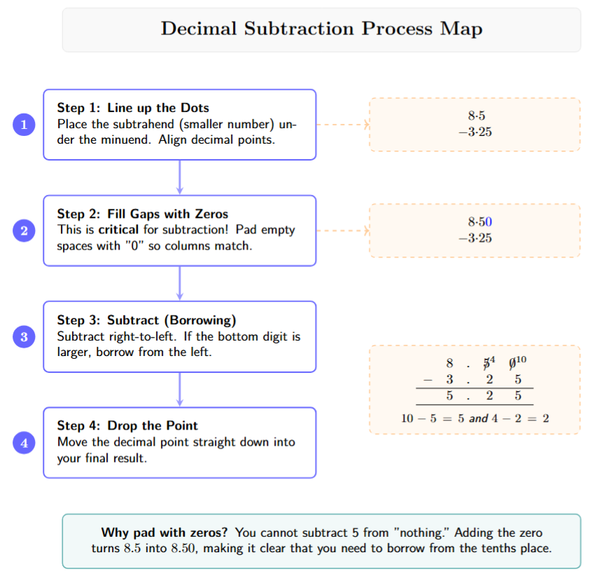 Flowchart: 1. Line up the Dots. 2. Fill gaps with Zeros. 3. Subtract (Borrow if needed). 4. Drop the Decimal point straight down.