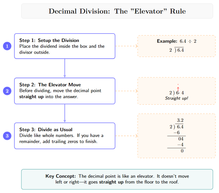 A long division box showing the decimal point in the dividend and an arrow pointing straight up to the quotient, showing perfect alignment.
