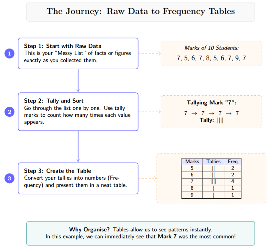 A flowchart starting with Raw Data (Messy List), moving to Organising (Sorting/Tallying), and ending with Organised Data (Table/Graph).