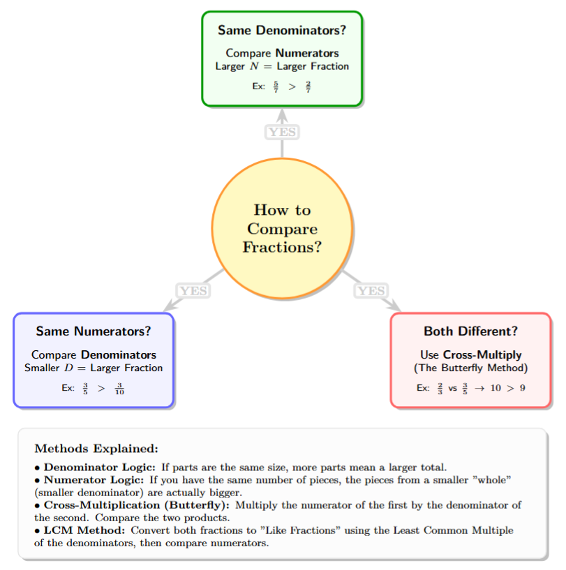 A decision tree for comparing fractions. Ask: Same Denominator? (Compare Numerators). Same Numerator? (Smaller Denom is bigger). Different both? (Use Butterfly Method or LCM).