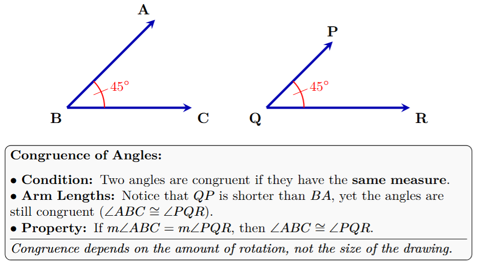 Two angles, angle ABC and angle PQR, both measuring 45 degrees, indicating they are congruent.