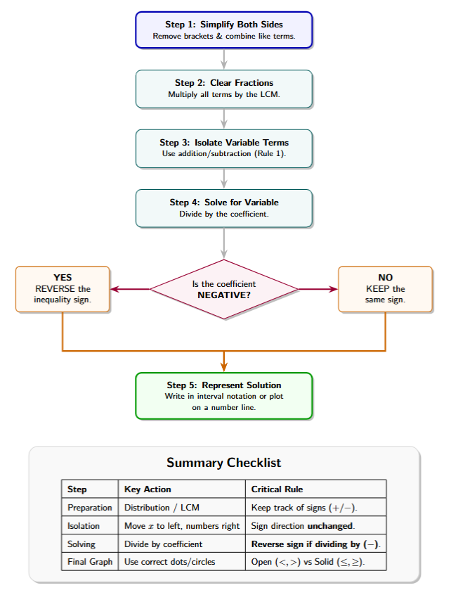 A detailed flowchart showing the steps: Simplify, Clear Fractions, Isolate Variables, and the final check for negative coefficients.