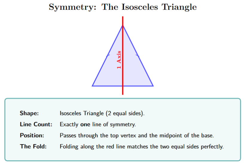 An isosceles triangle with a single vertical line of symmetry.