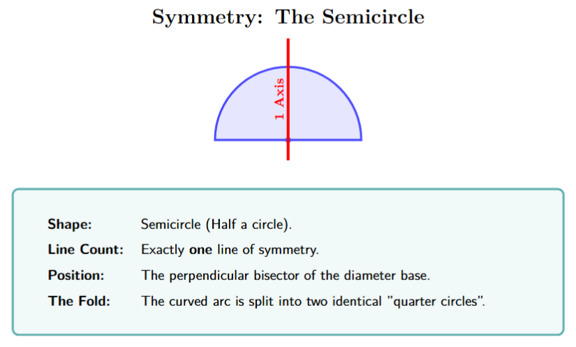 A semicircle with a single vertical line of symmetry.