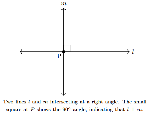 Two lines, l and m, intersecting at a point. The angle of intersection is marked with a square symbol, indicating a 90-degree angle.