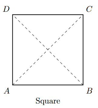 A square with four equal sides, four right angles, and equal, perpendicular diagonals.