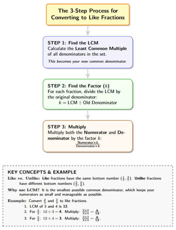 Flowchart: 1. Find LCM of denominators. 2. Divide LCM by old denominator to find the factor. 3. Multiply Top and Bottom by that factor.