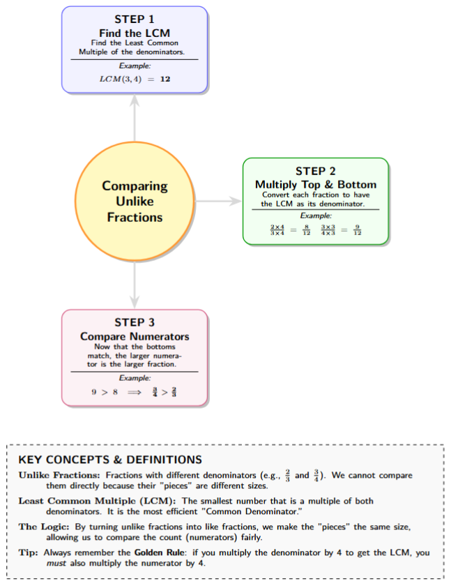 Concept map with 'Comparing Unlike Fractions' in the center. Branches lead to 'Step 1: Find LCM', 'Step 2: Multiply Top and Bottom', and 'Step 3: Compare New Numerators'.