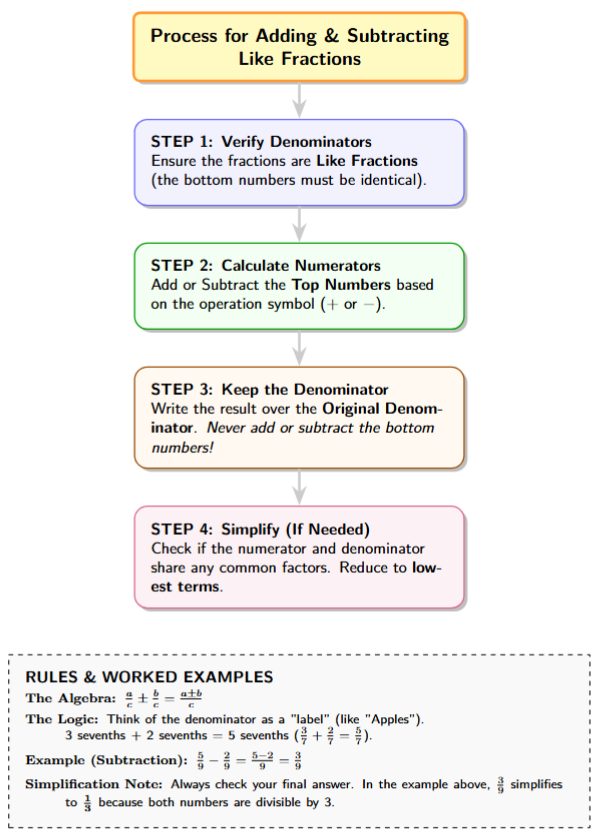 Flowchart: 1. Confirm denominators are the same. 2. Add or Subtract Numerators. 3. Keep the Denominator exactly the same. 4. Simplify the result if possible.