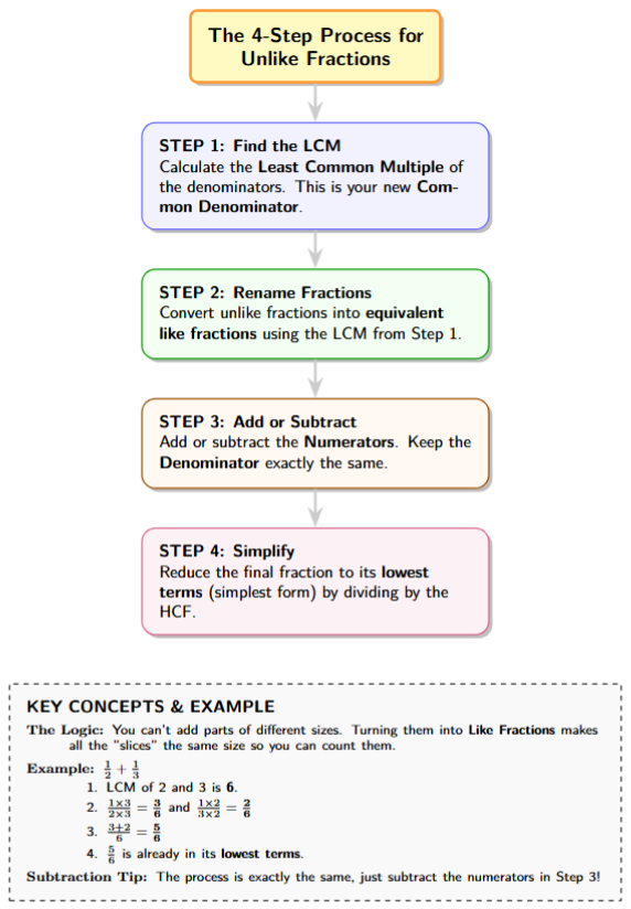 A vertical flowchart showing 4 steps: 1. Find LCM, 2. Make Equivalent Fractions, 3. Add or Subtract Numerators, 4. Simplify the Result.