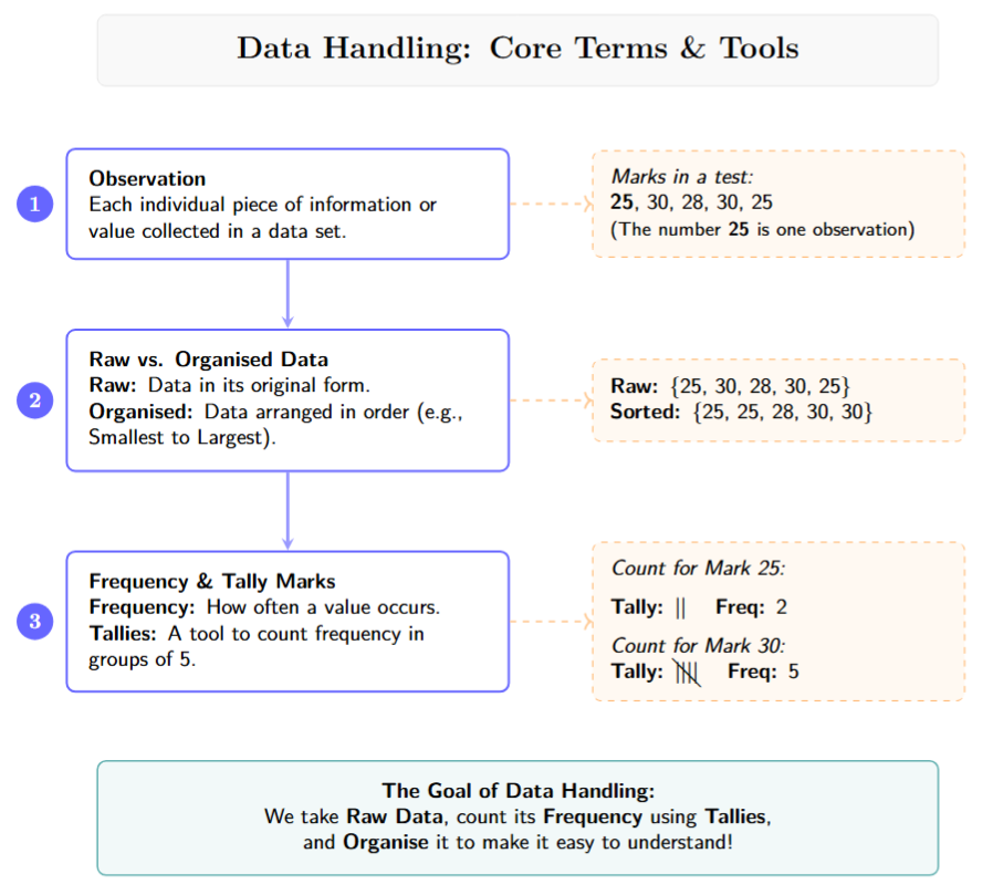 A mind map with 'Data Handling' in the center, branching to 'Observation' (Single bit), 'Frequency' (Count), 'Raw Data' (Original), and 'Tally' (Counting Tool).