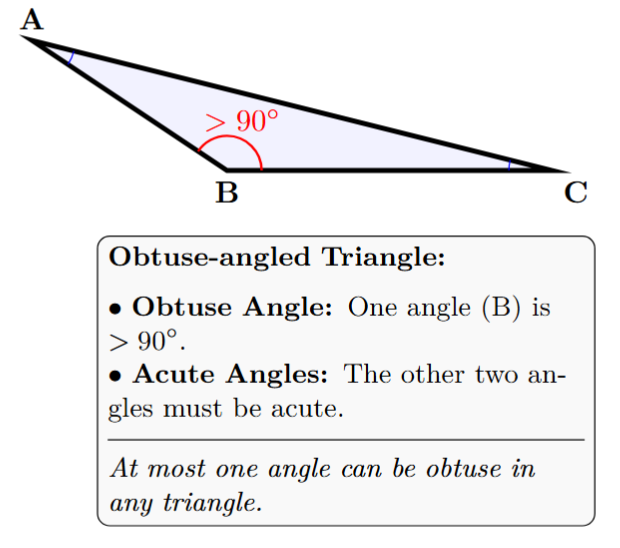 An obtuse-angled triangle with one angle greater than 90 degrees (e.g., 110 degrees) and the other two angles acute.